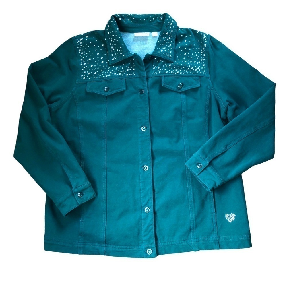 Dream Jeanne’s By Quacker Factory Studded Stretch Jean Jacket Sz L Dk Green